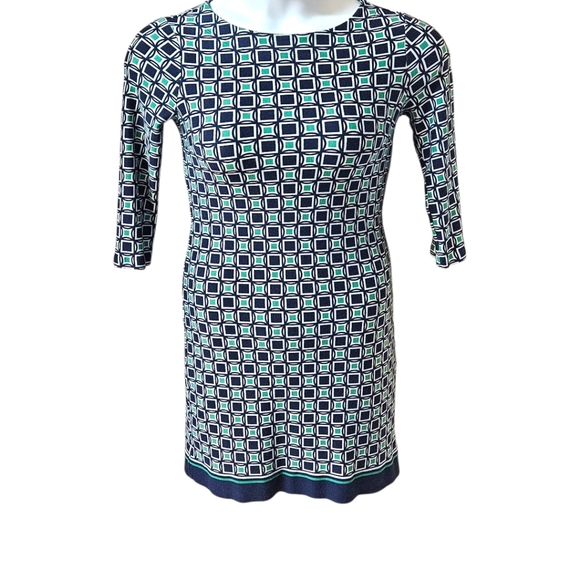TALBOTS Women's Petite Blue & Green Geometric 1/2 Sleeve Mini Sheath Dress NWOT - Picture 2 of 14
